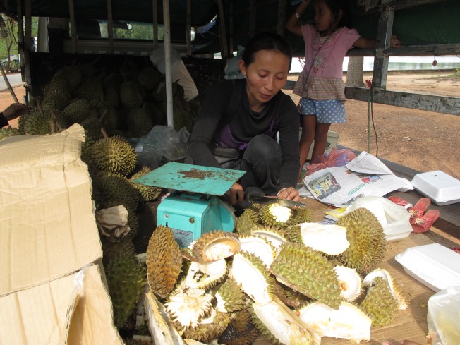 Durian satıcısı bizim için bir tanesini kesip temizlerken.. Durian satıcısı bizim için bir tanesini kesip temizlerken..